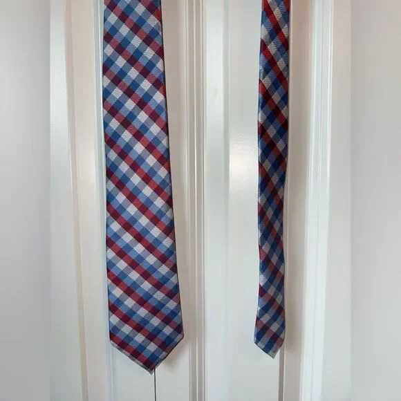 Men’s Club Room Plaid Red White and Blue Tie - Picture 2 of 5